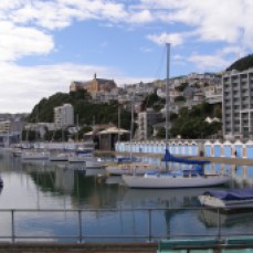 Oriental Bay with St Gerard's Church and Monastery on Mt Victoria. Boat sheds in foreground.